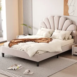 Lit double rembourré 140 sur 200 cm cadre avec tête de lit fleurie en velours doux lit adulte invité beige