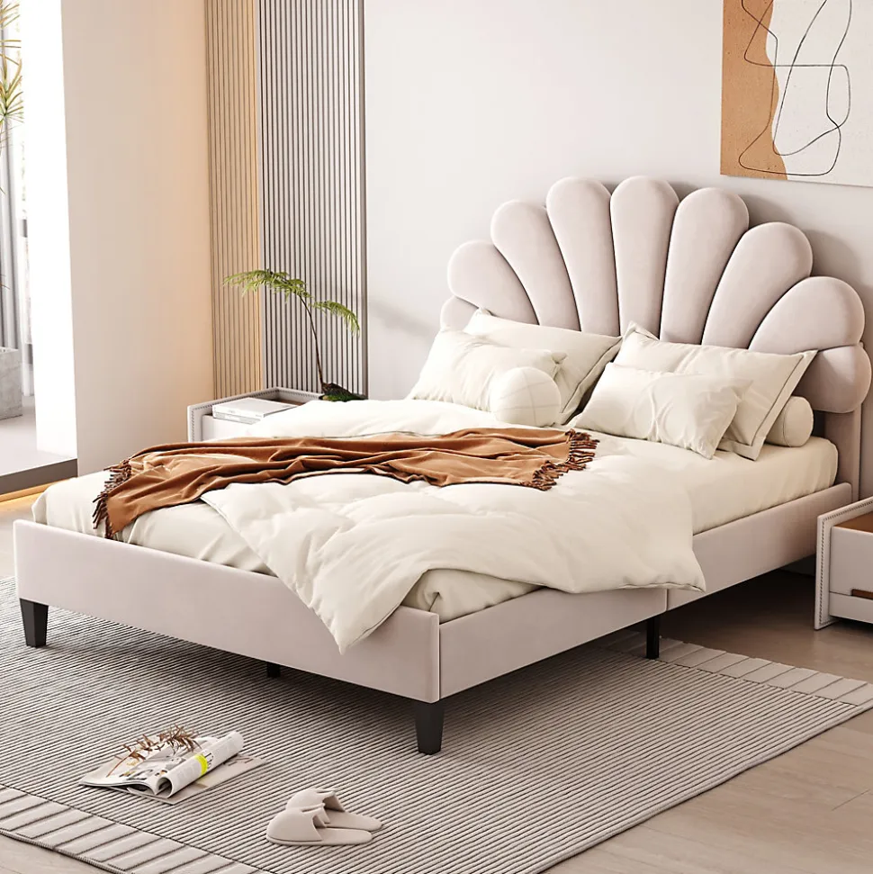 Lit double rembourré 140 sur 200 cm cadre avec tête de lit fleurie en velours doux lit adulte invité beige