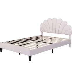 Lit double rembourré 140 sur 200 cm cadre avec tête de lit fleurie en velours doux lit adulte invité beige
