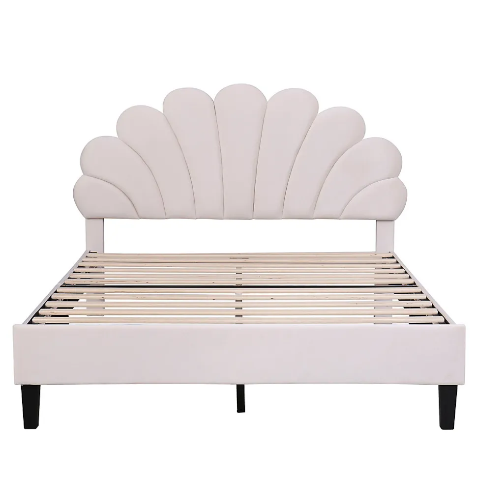 Lit double rembourré 140 sur 200 cm cadre avec tête de lit fleurie en velours doux lit adulte invité beige