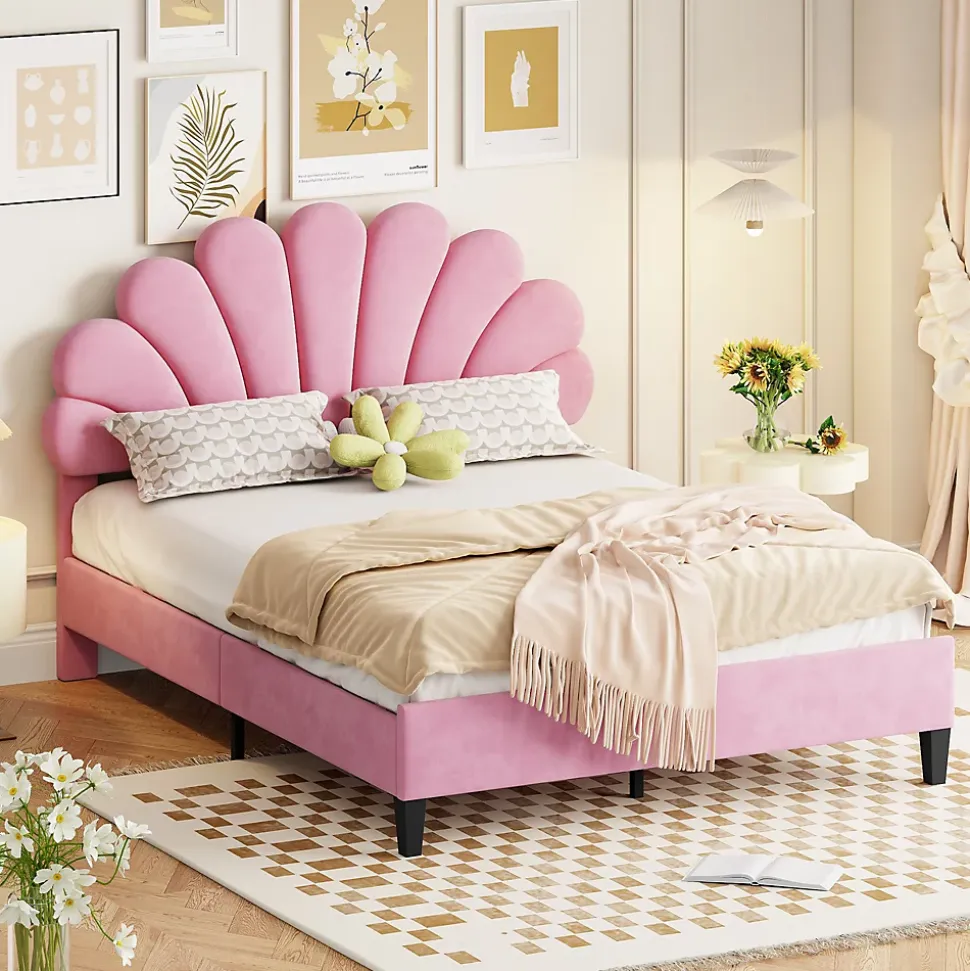 Lit double rembourré 140 sur 200 cm cadre avec tête de lit fleurie en velours doux lit adulte invité rose