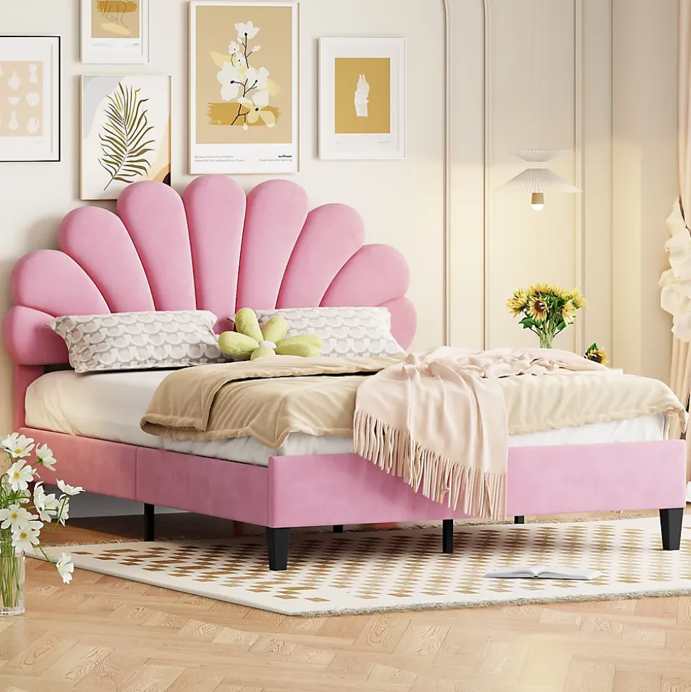 Lit double rembourré 140 sur 200 cm cadre avec tête de lit fleurie en velours doux lit adulte invité rose