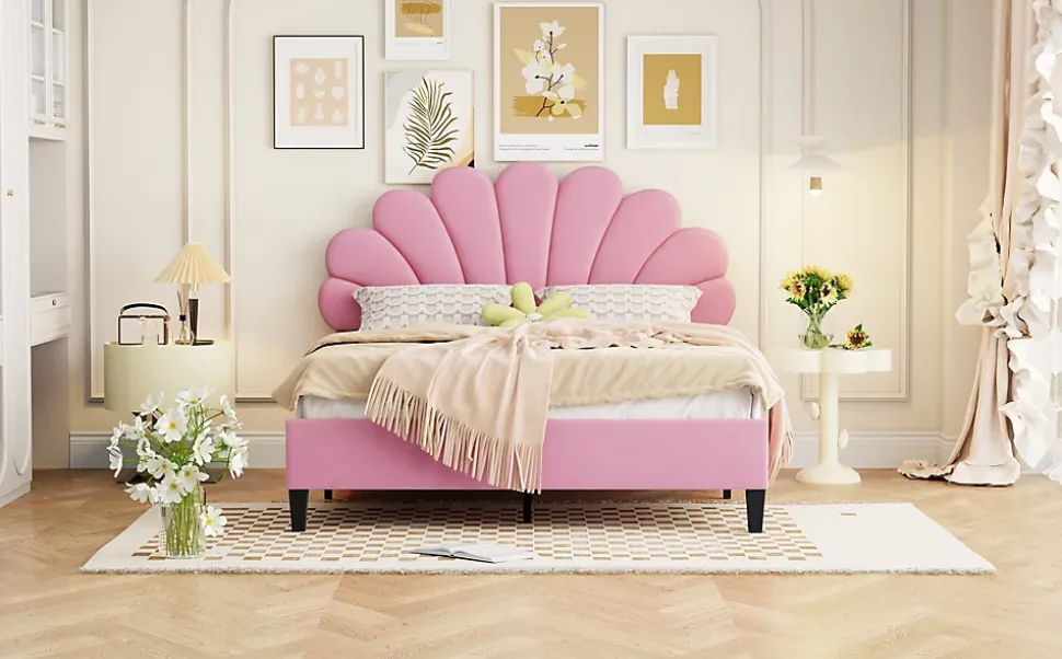 Lit double rembourré 140 sur 200 cm cadre avec tête de lit fleurie en velours doux lit adulte invité rose