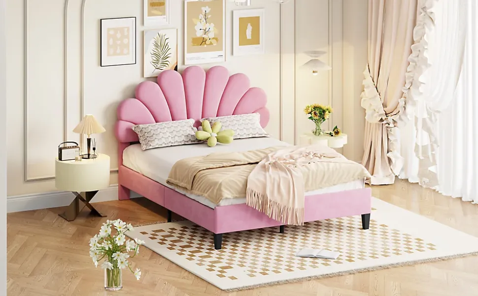 Lit double rembourré 140 sur 200 cm cadre avec tête de lit fleurie en velours doux lit adulte invité rose