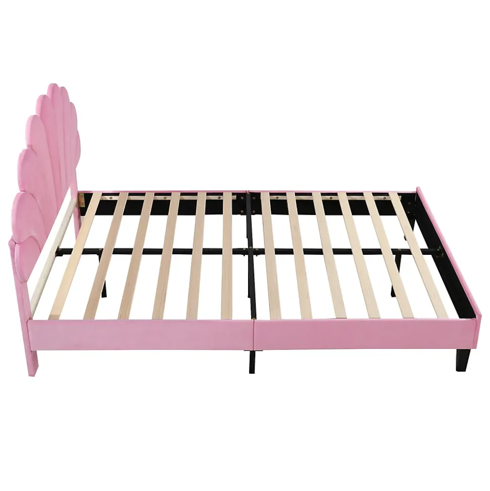 Lit double rembourré 140 sur 200 cm cadre avec tête de lit fleurie en velours doux lit adulte invité rose