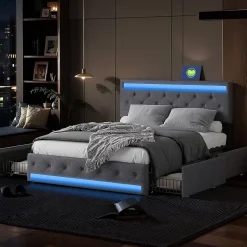 Lit Double Rembourré 140 X 190 Cm Avec 4 Tiroirs Et Sommier à Lattes En Bois Avec USB Et LED, Gris