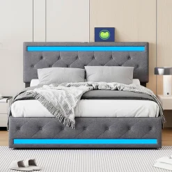 Lit Double Rembourré 140 X 190 Cm Avec 4 Tiroirs Et Sommier à Lattes En Bois Avec USB Et LED, Gris