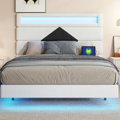 Lit double rembourré, 140 x 190 cm, avec éclairage LED, tête de lit avec station de charge USB,sans matelas