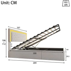 Lit double rembourré, 160 x 200 cm, LED, hydraulique, avec espace de rangement et sommier à lattes, velours beige