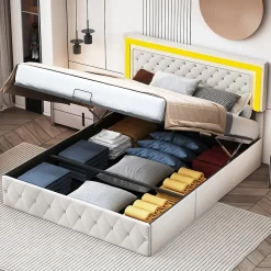 Lit double rembourré, 160 x 200 cm, LED, hydraulique, avec espace de rangement et sommier à lattes, velours beige