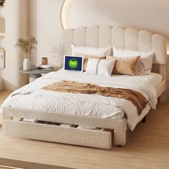 Lit Double Rembourré 160 X 200 Cm, Ports De Charge USB Et Type C, Rangement, Polaire Teddy, Beige