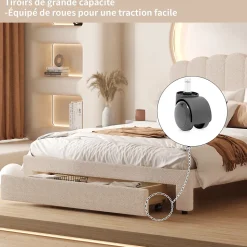 Lit Double Rembourré 160 X 200 Cm, Ports De Charge USB Et Type C, Rangement, Polaire Teddy, Beige