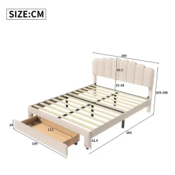 Lit Double Rembourré 160 X 200 Cm, Ports De Charge USB Et Type C, Rangement, Polaire Teddy, Beige