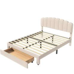 Lit Double Rembourré 160 X 200 Cm, Ports De Charge USB Et Type C, Rangement, Polaire Teddy, Beige