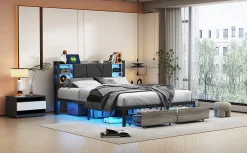 Lit Double Rembourré 160 X 200 Cm Avec Éclairage LED, Port USB Et Rangements, Cadre De Lit En Métal