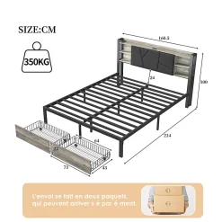 Lit Double Rembourré 160 X 200 Cm Avec Éclairage LED, Port USB Et Rangements, Cadre De Lit En Métal