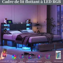 Lit Double Rembourré 160 X 200 Cm Avec Éclairage LED, Port USB Et Rangements, Cadre De Lit En Métal