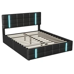Lit Double Rembourré 140 X 200 Cm, Avec LED, Cadre De Lit Avec Cadre Et Sommier à Lattes, Pu, Noir