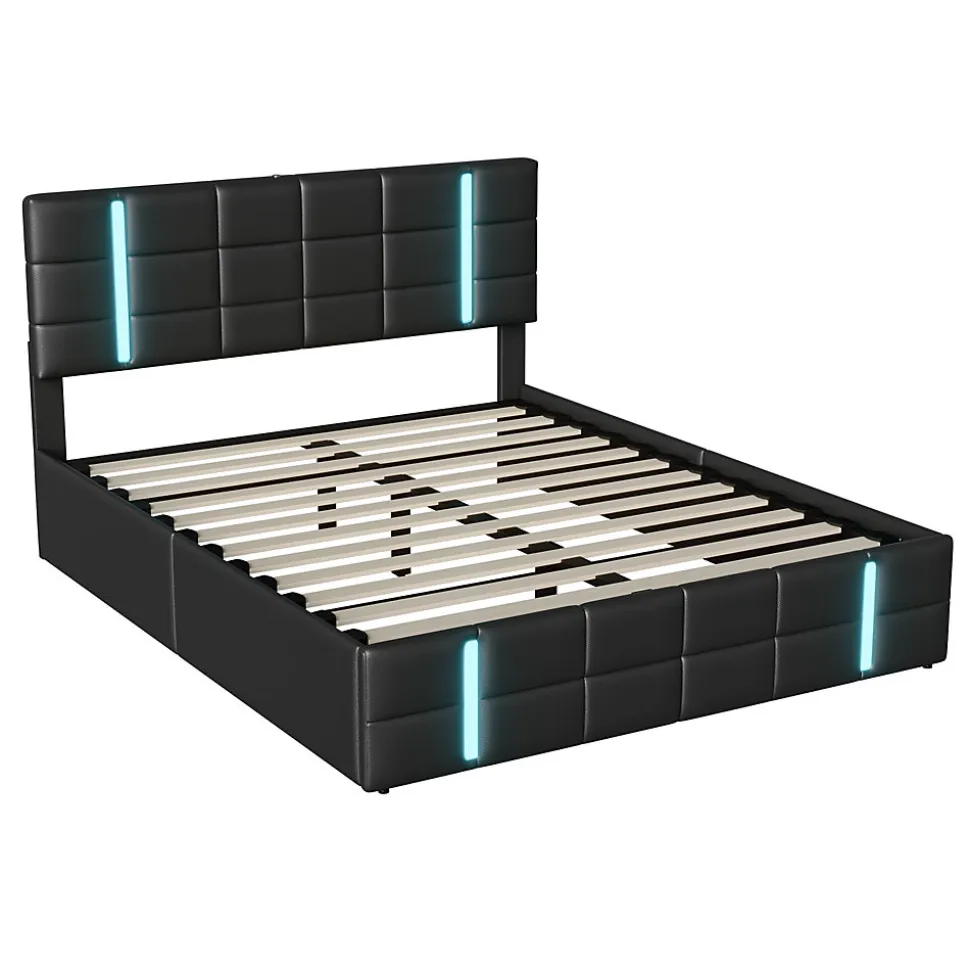 Lit Double Rembourré 140 X 200 Cm, Avec LED, Cadre De Lit Avec Cadre Et Sommier à Lattes, Pu, Noir