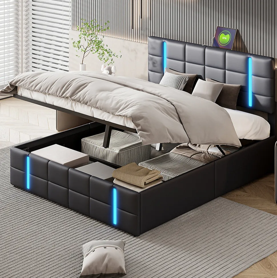 Lit Double Rembourré 140 X 200 Cm, Avec LED, Cadre De Lit Avec Cadre Et Sommier à Lattes, Pu, Noir