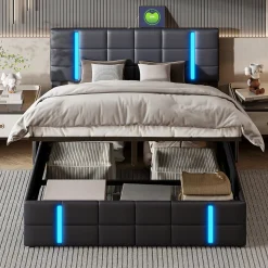 Lit Double Rembourré 140 X 200 Cm, Avec LED, Cadre De Lit Avec Cadre Et Sommier à Lattes, Pu, Noir