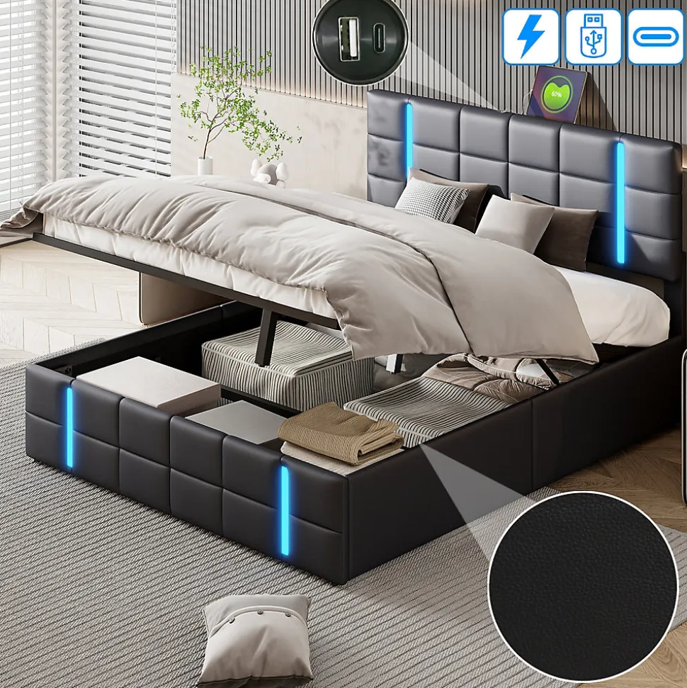 Lit Double Rembourré 140 X 200 Cm, Avec LED, Cadre De Lit Avec Cadre Et Sommier à Lattes, Pu, Noir