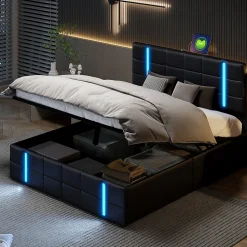 Lit Double Rembourré 140 X 200 Cm, Avec LED, Cadre De Lit Avec Cadre Et Sommier à Lattes, Pu, Noir