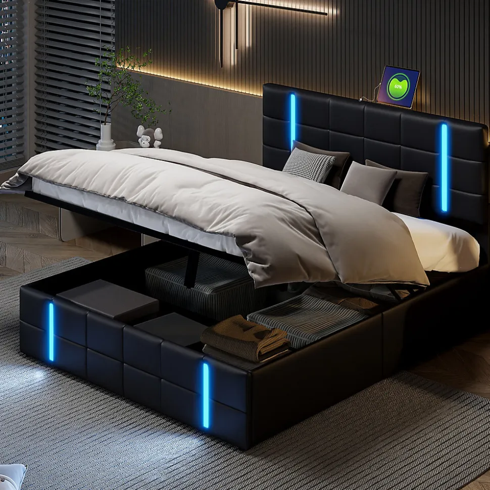 Lit Double Rembourré 140 X 200 Cm, Avec LED, Cadre De Lit Avec Cadre Et Sommier à Lattes, Pu, Noir