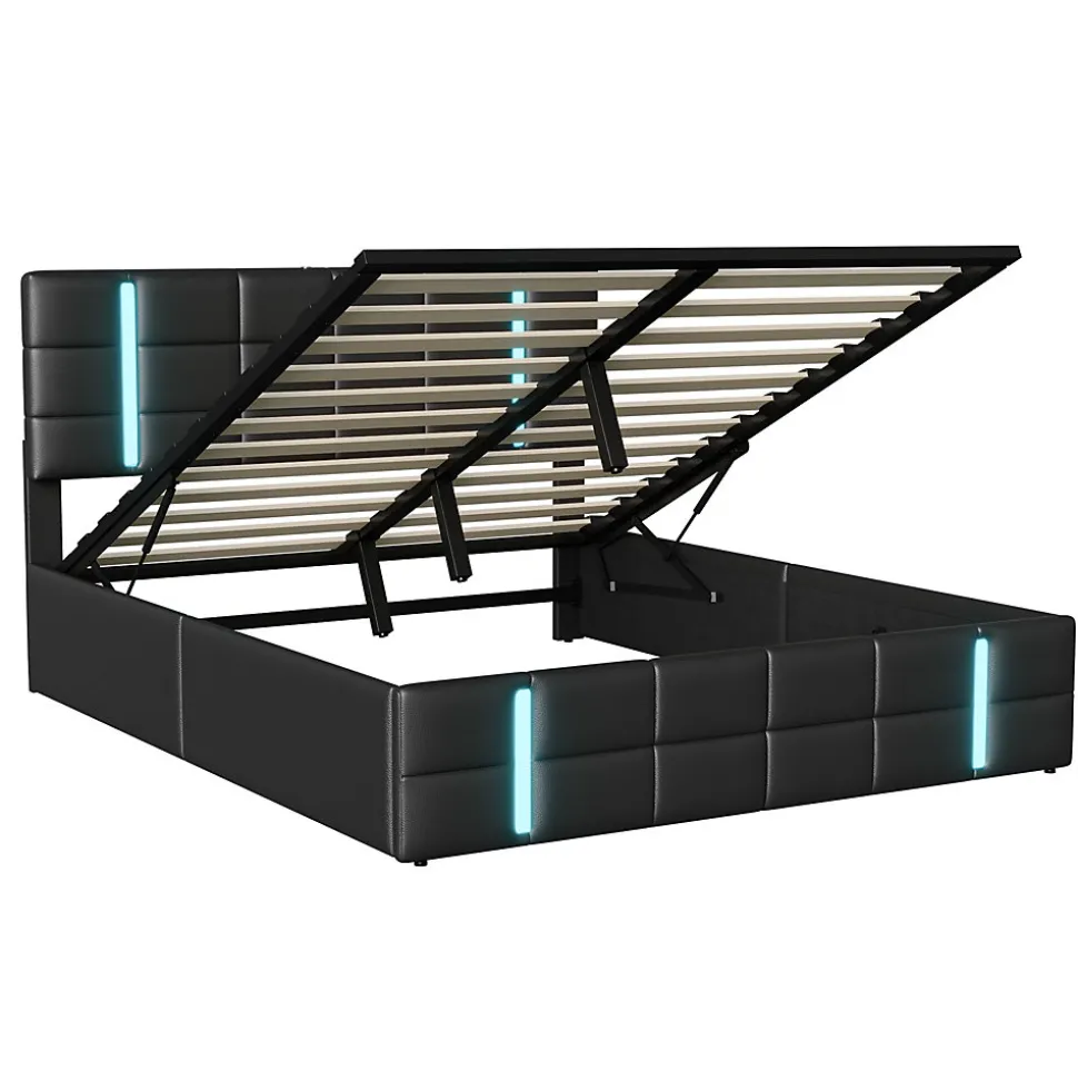 Lit Double Rembourré 140 X 200 Cm, Avec LED, Cadre De Lit Avec Cadre Et Sommier à Lattes, Pu, Noir