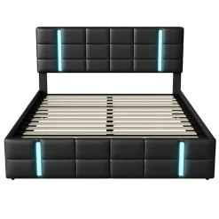Lit Double Rembourré 140 X 200 Cm, Avec LED, Cadre De Lit Avec Cadre Et Sommier à Lattes, Pu, Noir