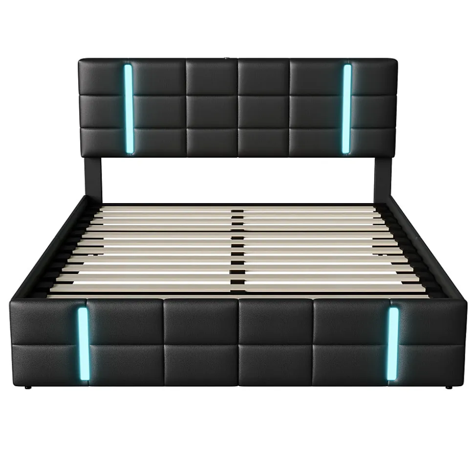 Lit Double Rembourré 140 X 200 Cm, Avec LED, Cadre De Lit Avec Cadre Et Sommier à Lattes, Pu, Noir