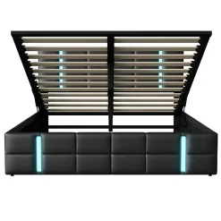 Lit Double Rembourré 140 X 200 Cm, Avec LED, Cadre De Lit Avec Cadre Et Sommier à Lattes, Pu, Noir