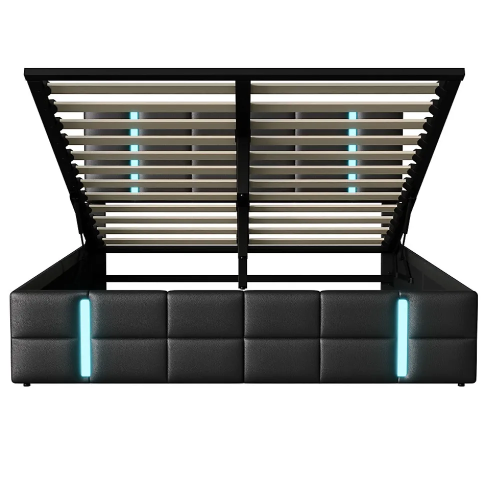 Lit Double Rembourré 140 X 200 Cm, Avec LED, Cadre De Lit Avec Cadre Et Sommier à Lattes, Pu, Noir