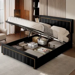 lit double rembourré 160 x 200,lit coffre avec sommier,lit adulte 160 x 200 avec levier hydraulique,velours,noir