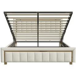 lit double rembourré 160 x 200,lit coffre avec sommier,lit adulte 160 x 200 avec levier hydraulique,velours,beige