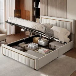 lit double rembourré 160 x 200,lit coffre avec sommier,lit adulte 160 x 200 avec levier hydraulique,velours,beige