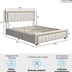 lit double rembourré 160 x 200,lit coffre avec sommier,lit adulte 160 x 200 avec levier hydraulique,velours,beige