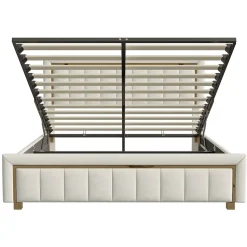 lit double rembourré 160 x 200,lit coffre avec sommier,lit adulte 160 x 200 avec levier hydraulique,velours,beige