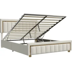 lit double rembourré 140 x 200,lit coffre avec sommier,lit adulte 140 x 200 avec levier hydraulique,velours,beige