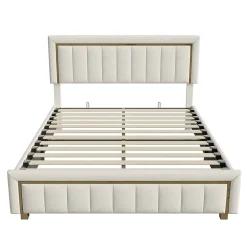 lit double rembourré 140 x 200,lit coffre avec sommier,lit adulte 140 x 200 avec levier hydraulique,velours,beige