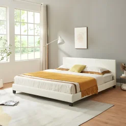 Lit Double Rembourré Albacete Sommier à Lattes Housse Similicuir 180 x 200 cm Blanc Corium