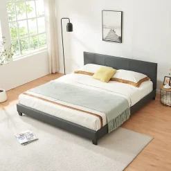 Lit Double Rembourré Albacete Sommier à Lattes Similicuir 180 x 200 cm Gris Foncé Corium