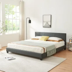 Lit Double Rembourré Albacete Sommier à Lattes Similicuir 180 x 200 cm Gris Foncé Corium