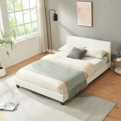 Lit Double Rembourré Albacete Sommier à Lattes Similicuir 140 x 200 cm Blanc Corium