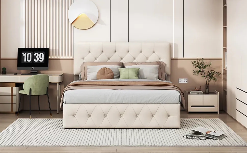 Lit Double Rembourré Avec Tête De Lit Et Sommier à Lattes En Velours,140x200 Cm,avec Rangement,beige