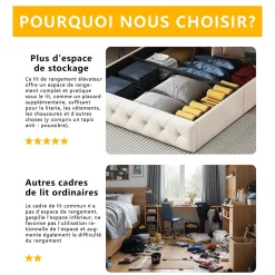 Lit Double Rembourré Avec Tête De Lit Et Sommier à Lattes En Velours,140x200 Cm,avec Rangement,beige