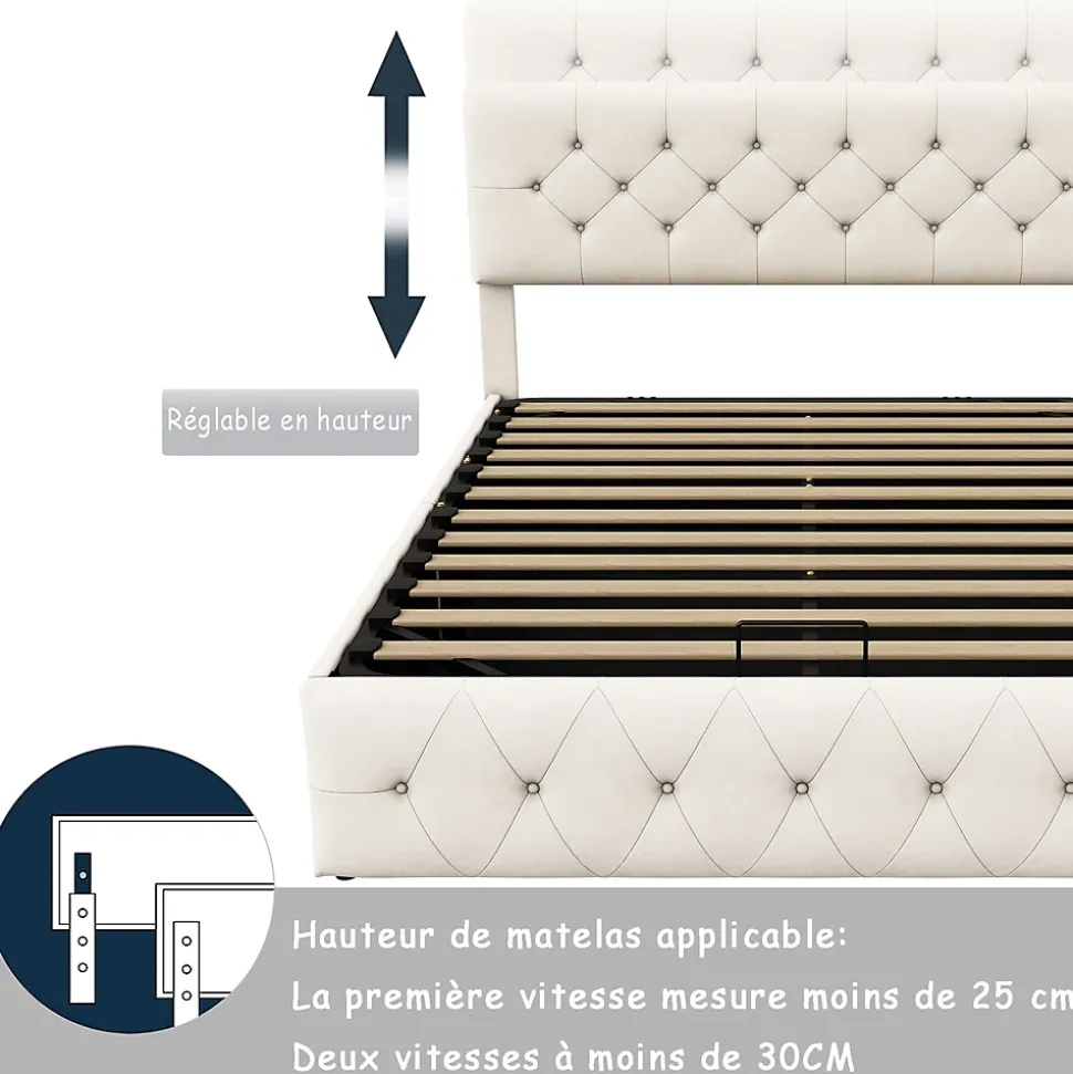 Lit Double Rembourré Avec Tête De Lit Et Sommier à Lattes En Velours,140x200 Cm,avec Rangement,beige
