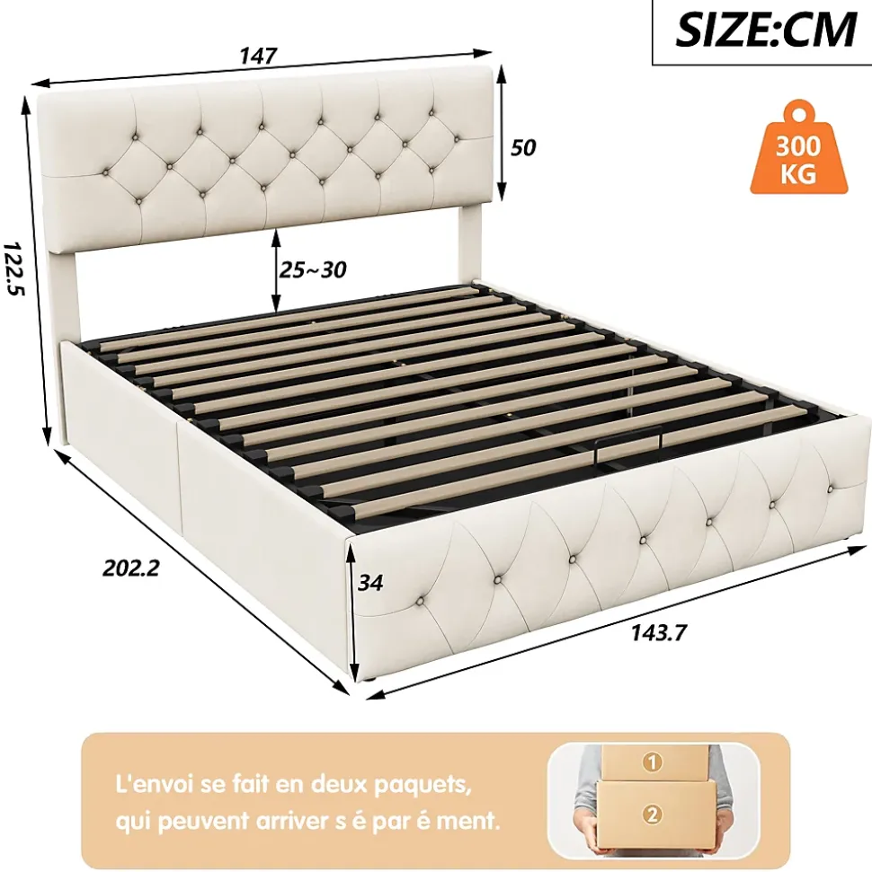 Lit Double Rembourré Avec Tête De Lit Et Sommier à Lattes En Velours,140x200 Cm,avec Rangement,beige