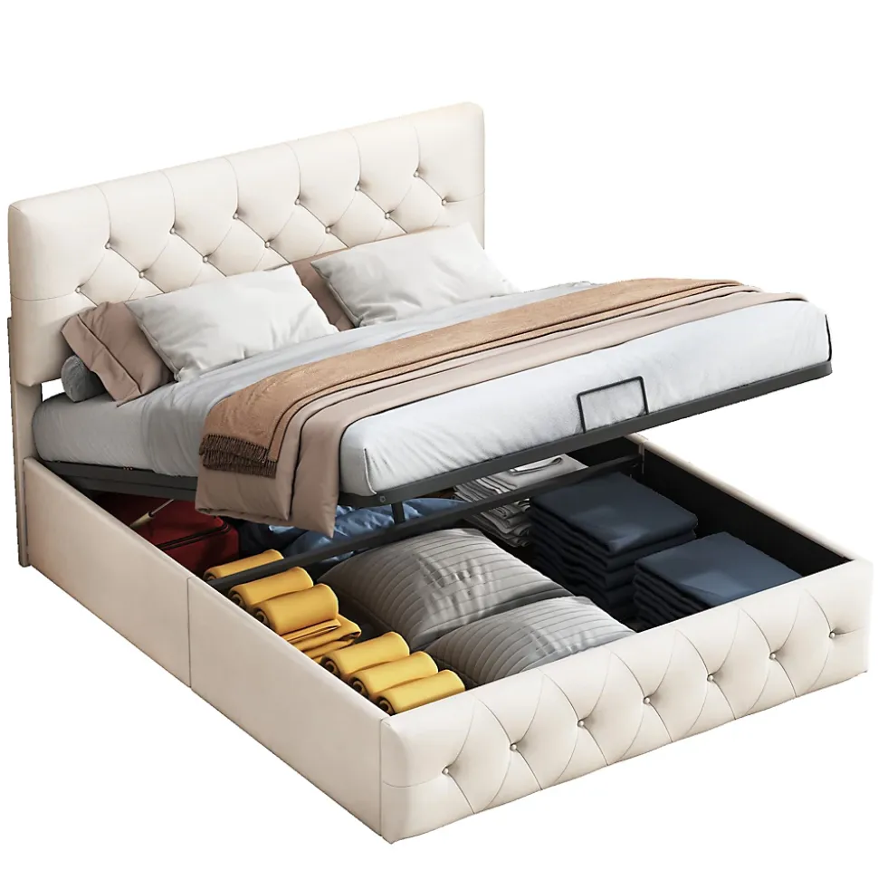 Lit Double Rembourré Avec Tête De Lit Et Sommier à Lattes En Velours,140x200 Cm,avec Rangement,beige