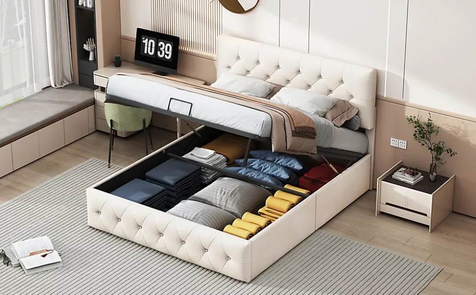 Lit Double Rembourré Avec Tête De Lit Et Sommier à Lattes En Velours,140x200 Cm,avec Rangement,beige